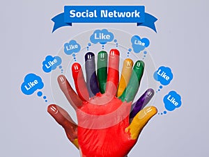 Colorful happy finger smileys with social network sign and like