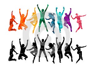 Colorful happy group people jump illustration silhouette. Cheerful man and woman isolated. Jumping fun friends background. Express