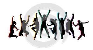 Colorful happy group people jump illustration silhouette. Cheerful man and woman isolated. Jumping fun friends background. Express