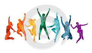Colorful happy group people jump illustration silhouette. Cheerful man and woman isolated. Jumping fun friends background. Express