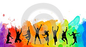 Colorful happy group people jump illustration silhouette. Cheerful man and woman isolated. Jumping fun friends background. Express