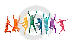 Colorful happy group people jump illustration silhouette. Cheerful man and woman isolated. Jumping fun friends background. Express