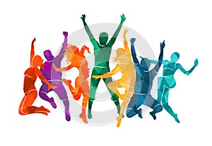 Colorful happy group people jump vector illustration silhouette. Cheerful man and woman isolated. Jumping fun friends background.