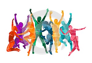 Colorful happy group people jump vector illustration silhouette. Cheerful man and woman isolated. Jumping fun friends background.