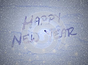 Colorful Happy New Year text on blue backrgound. Greeting card template.