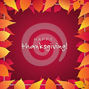 Colorful Happy Thanksgiving Card Layout, Advertising Design Template with a Frame of Red and Golden Fallen Autumn Leaves
