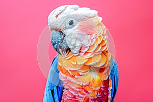 Colorful Harlequin Macaw Parrot Close Up Portrait Against Vibrant Pink Background, Exotic Bird Wildlife Concept