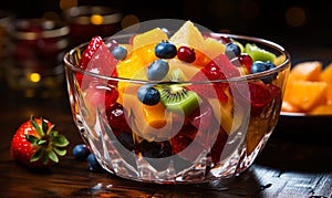 A Colorful Harvest in a Glass Bowl on a Rustic Wooden Table