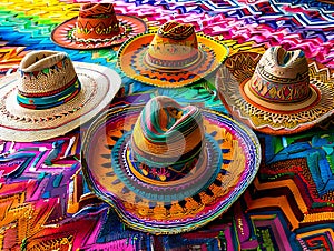 Colorful hats on a colorful blanket photo