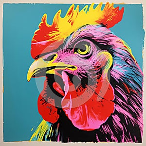 Colorful Head Rooster: Pop Art Silkscreen Print Inspired By Andy Warhol