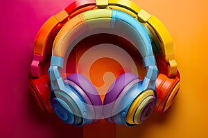 Colorful headphones isolated on rainbow background. Wireless and wired headset with noise cancelling.