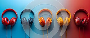 Colorful Headphones Lineup on Gradient Background. Concept Music Accessories, Gradient Background,