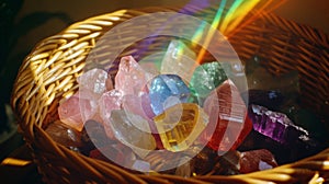 Colorful Healing Crystals in Sunlight. Spirituality and Energy Work