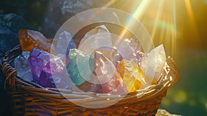 Colorful Healing Crystals in Sunlight. Spirituality and Energy Work