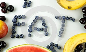 Colorful healthy fruit and berries with text