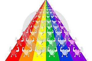 Colorful healthy hearts marching and parading in rows on rainbow striped lanes. Vector illustration, EPS10.