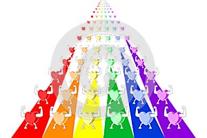 Colorful healthy hearts marching and parading in rows on rainbow striped lanes. Vector illustration, EPS10.