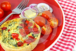 Colorful Healthy lunch. Quiche, cheese, tomatoes, red onion.