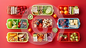 Colorful Healthy Lunchboxes Assortment on Red Background