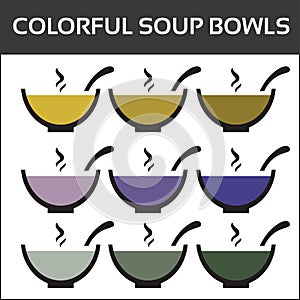 Colorful and Healthy Soups on white background