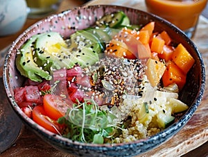 Colorful Healthy Vegan Buddha Bowl with Quinoa, Fresh Vegetables and Sesame Seeds on Wooden Table