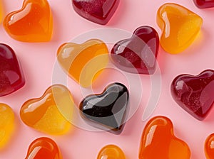 Colorful heart candy on a pink background