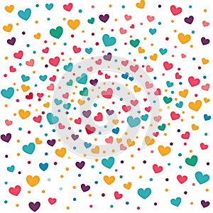 Colorful heart confetti pattern on white background