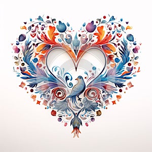 Colorful heart made of colorful flowers. White background. Heart as a symbol of affection and