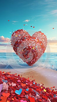 Colorful heart made of paper and flowers on the beach. Heart as a symbol of affection and love