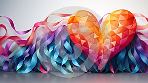 a colorful heart with ribbons and ribbons on a gray background