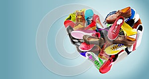 Colorful heart-shaped arrangement of shoes