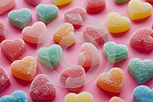 Colorful heart-shaped gummy candies with a sugar coat on pink background, symbolizing sweet love