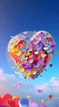 Colorful heart in the sky made of colorful flower petals. Heart as a symbol of affection and