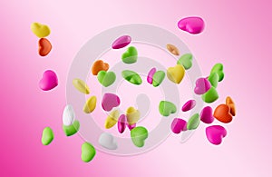 Colorful hearts candy on a bright background Decorative love elements 3d illustration