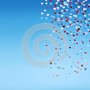 Colorful hearts falling on a blue background.Valentine\'s Day banner with space for your own content. background color. Blan