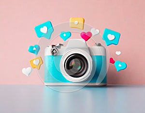 Colorful hearts flying out of a retro camera