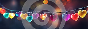 Colorful hearts on garland, Happy Valentines day concept abstract background. Wide banner