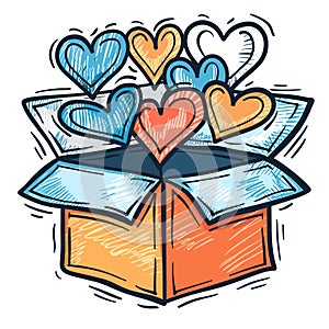 Colorful hearts overflowing open gift box, concept love generosity. Handdrawn hearts bursting out photo