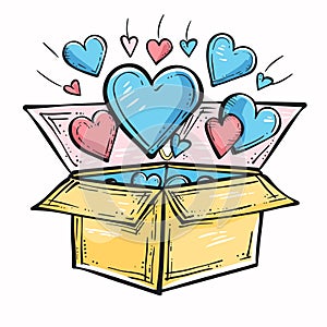 Colorful hearts overflowing yellow box, symbolizing love, care, affection. Cartoon hearts shades photo