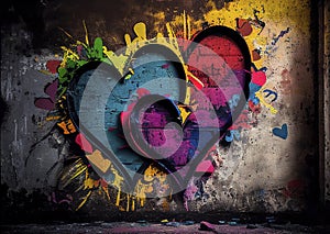 Colorful hearts painted with graffiti on an old wall. Ai generative