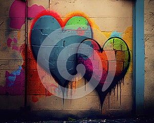 Colorful hearts painted with graffiti on an old wall. Ai generative