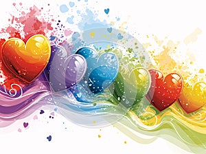 Colorful hearts on a colorful rainbow wave white background. Heart as a symbol of affection and
