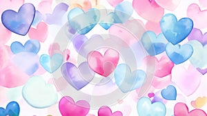 Colorful hearts in soft pastel colors floating against light background. Watercolor style. Romantic abstract backdrop
