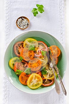 Colorful heirloom tomatoes salad on white