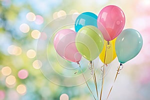 Colorful helium balloons floating on blurred background photo