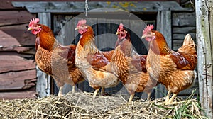 Colorful hens pecking in the vibrant farmyard dust, a picturesque scene of rural life