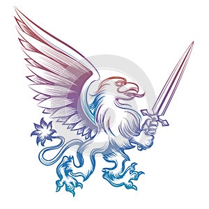 Colorful heraldy griffon with sword