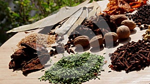 Colorful herbs and spices for cooking,Indian spices,rotation all indian spices on wooden table,indian cuisine. Top view flat lay,