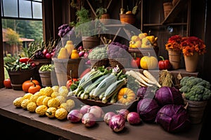 colorful heritage vegetables on a farm stand