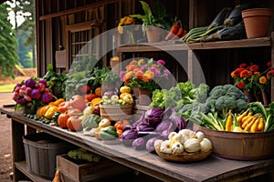 colorful heritage vegetables on a farm stand